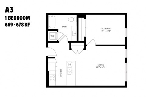 Floor plan for 1 bed, 1 bath, 678 sqft